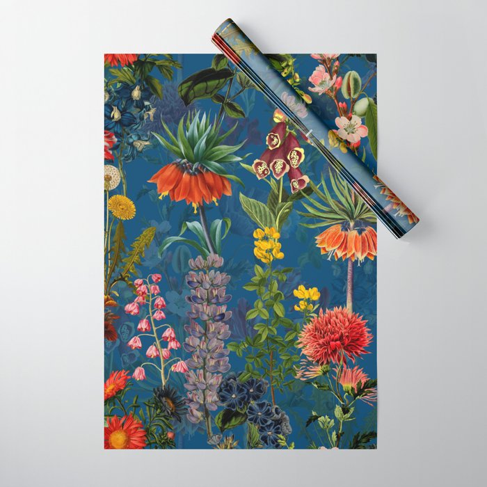 Vintage & Shabby Chic - Blue Midnight Spring Botancial Flower Garden Wrapping Paper