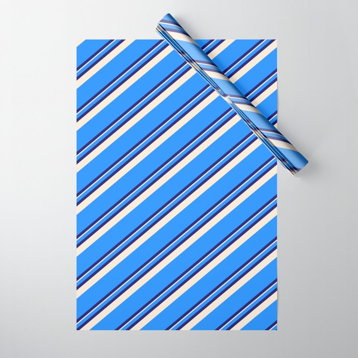 Blue, Midnight Blue, and Beige Colored Striped Pattern Wrapping Paper