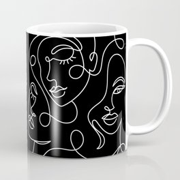 Seamless pattern with abstract faces on black. Mug