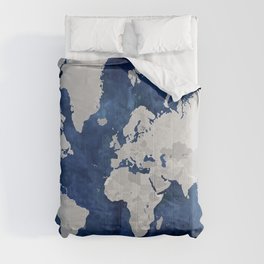 Dark blue watercolor and grey world map Comforter