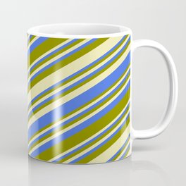 [ Thumbnail: Pale Goldenrod, Royal Blue, and Green Colored Lined Pattern Coffee Mug ]