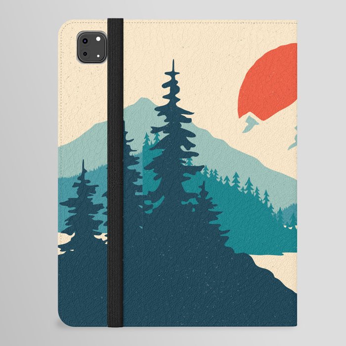 Vintage mountain landscape with sun, mountains and forest. Vintage illustration.  iPad Folio Case