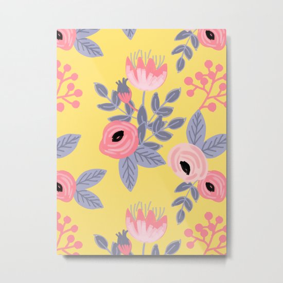 Yellow Floral Pattern Metal Print