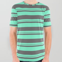 [ Thumbnail: Aquamarine & Dim Gray Colored Lines Pattern All Over Graphic Tee ]
