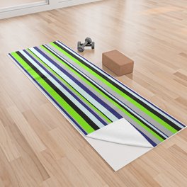 [ Thumbnail: Vibrant Chartreuse, Grey, Midnight Blue, Light Cyan & Black Colored Lined/Striped Pattern Yoga Towel ]