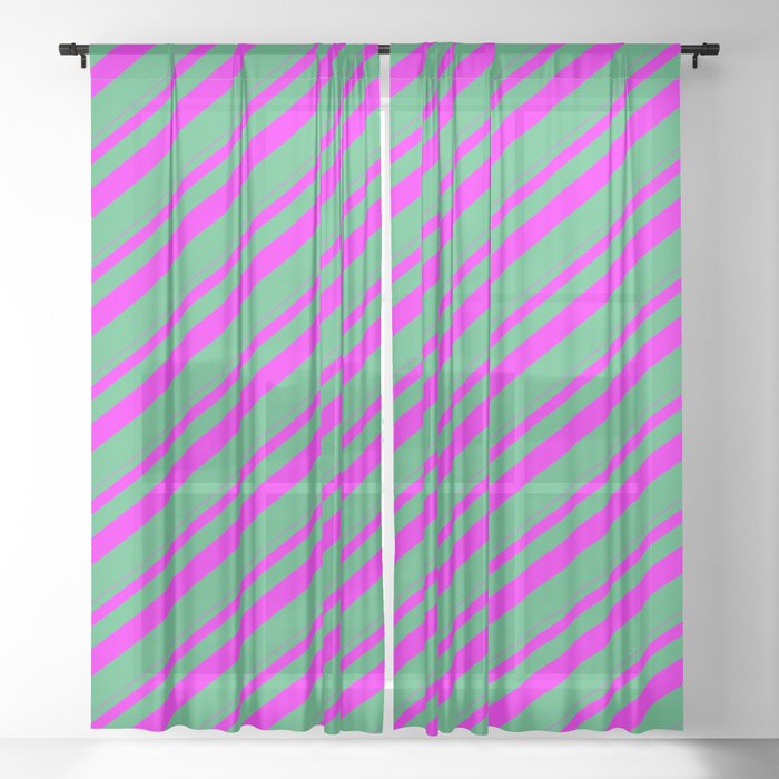Fuchsia and Sea Green Colored Stripes/Lines Pattern Sheer Curtain