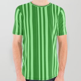 [ Thumbnail: Green and Forest Green Colored Stripes/Lines Pattern All Over Graphic Tee ]