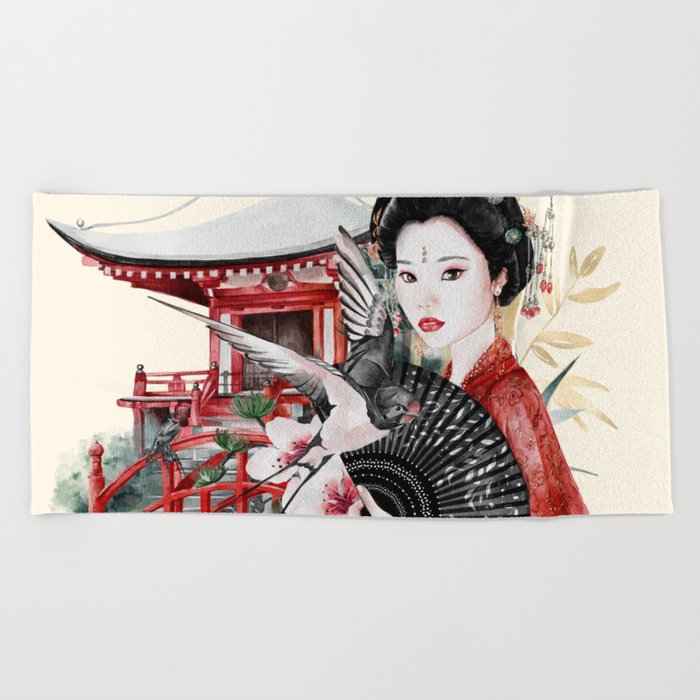 Beautiful Geisha In A Japanese Garden Beach Towel