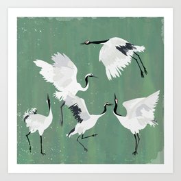 Dancing cranes - jade green Art Print