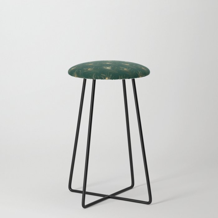 Gold Green Peacock Feathers Pattern Counter Stool