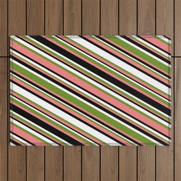 [ Thumbnail: Green, Light Coral, Black & White Colored Lined/Striped Pattern Outdoor Rug ]