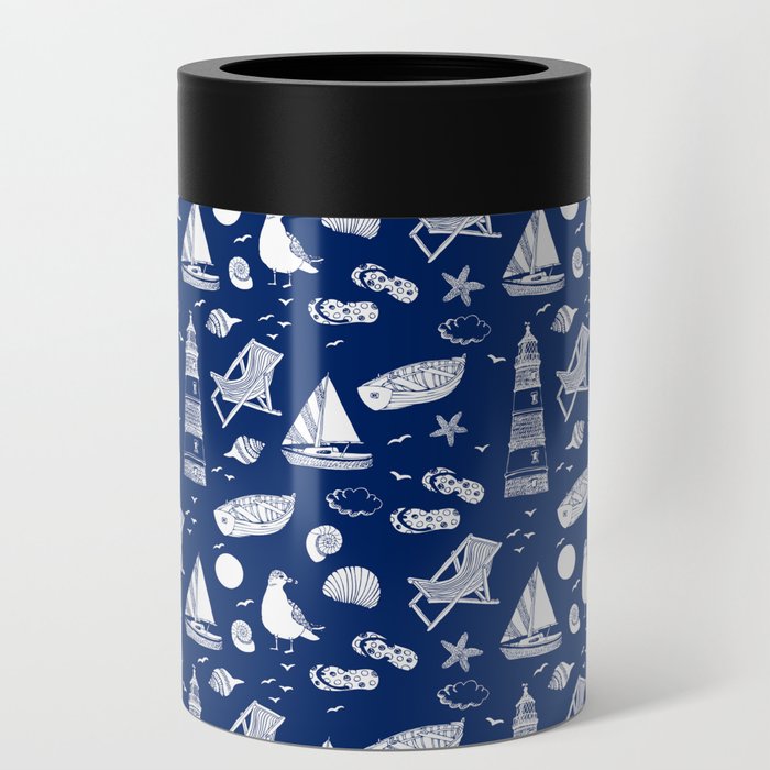 Blue And White Summer Beach Elements Pattern Can Cooler