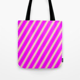[ Thumbnail: Fuchsia and Tan Colored Lined Pattern Tote Bag ]