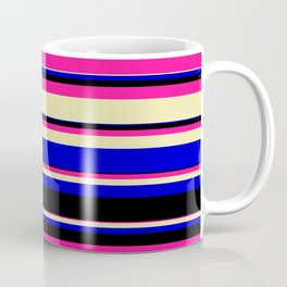 [ Thumbnail: Deep Pink, Pale Goldenrod, Blue, and Black Colored Striped/Lined Pattern Coffee Mug ]