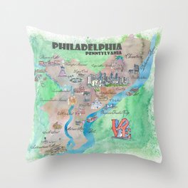 Philadelphia Pennsylvania Fine Art Print Retro Vintage Map with Touristic Highlights Throw Pillow | Pennsylvania, Usacity, Painting, Philadelphiaplan, Uscity, Phillymap, Digital, Paper, Citymapusa, Phillytopten 