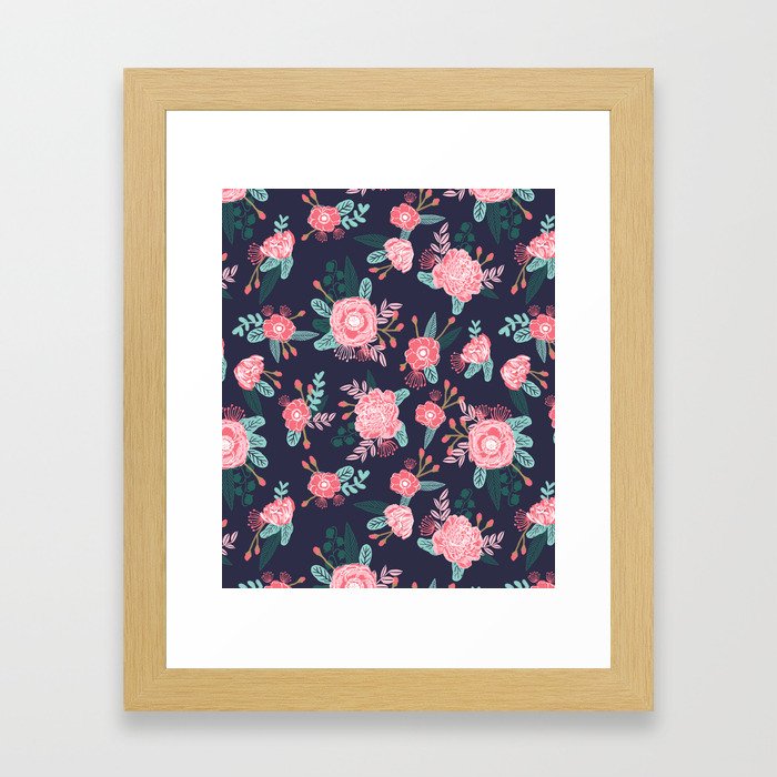 Peony floral bouquet navy pink bright happy flowers dorm college office decor must have pattern Framed Art Print