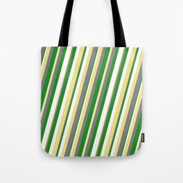 [ Thumbnail: Tan, Gray, Forest Green, and White Colored Stripes Pattern Tote Bag ]