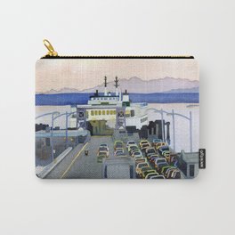 Ferry Line Carry-All Pouch | Cars, Twilight, Sea, Water, Painting, Illustration, Travel, Mountains, Ferry, Dusk 