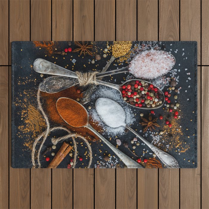 The spice of life; cinnamon, coriander, sea salt, anise, pepper, mulled wine teaspoons for kitchen and dining room wall decor color photograph / photography Outdoor Rug