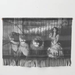 Adjie and the lions; Victorian woman in a cage with lions black and white photograph - photography - photographs Wall Hanging