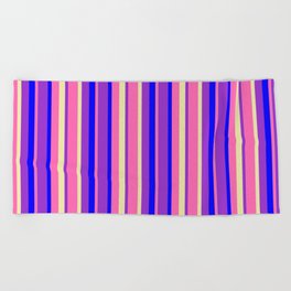 [ Thumbnail: Hot Pink, Pale Goldenrod, Dark Orchid & Blue Colored Stripes Pattern Beach Towel ]