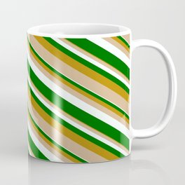 [ Thumbnail: Dark Goldenrod, Tan, Mint Cream & Dark Green Colored Lined/Striped Pattern Coffee Mug ]