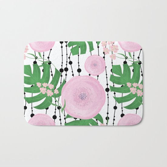 Pink flowers on a white background with black beads. Bath Mat