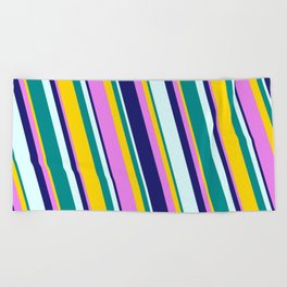 [ Thumbnail: Eye-catching Yellow, Violet, Midnight Blue, Light Cyan, and Dark Cyan Colored Stripes/Lines Pattern Beach Towel ]