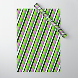 [ Thumbnail: Eye-catching Green, Orchid, Forest Green, Mint Cream & Black Colored Lined Pattern Wrapping Paper ]