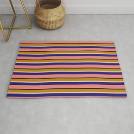 [ Thumbnail: Eye-catching Dark Goldenrod, Pink, Midnight Blue, Light Coral & Black Colored Stripes/Lines Pattern Rug ]