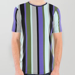 [ Thumbnail: Eyecatching Slate Blue, Dark Olive Green, Light Cyan, Grey & Black Colored Lines/Stripes Pattern All Over Graphic Tee ]