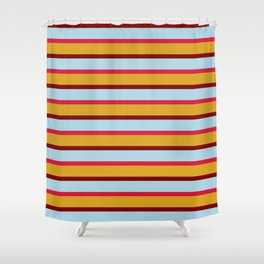 [ Thumbnail: Crimson, Goldenrod, Maroon, and Light Blue Colored Lined/Striped Pattern Shower Curtain ]