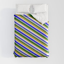 [ Thumbnail: Goldenrod, Mint Cream, Blue, Grey, and Dark Green Colored Pattern of Stripes Duvet Cover ]