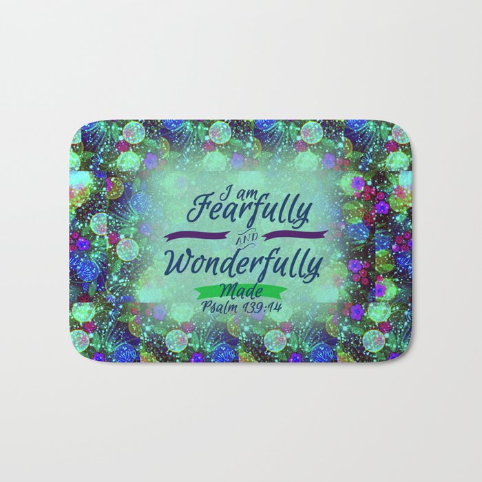 FEARFULLY AND WONDERFULLY MADE Floral Christian Typography God Bible Scripture Jesus Psalm Abstract Bath Mat