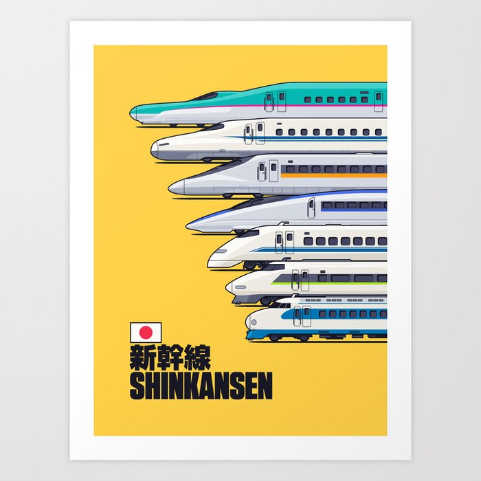 Shinkansen Bullet Train Evolution - Yellow Art Print
