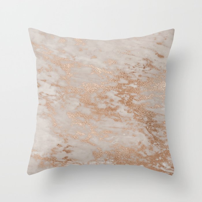 Rose Gold Copper Glitter Metal Foil Style Marble Throw Pillow