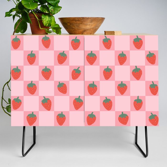 Strawberries Checks Pink Checkerboard Checkered Strawberry Pattern Credenza