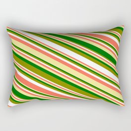 [ Thumbnail: Eyecatching Green, White, Red, Tan & Dark Green Colored Striped/Lined Pattern Rectangular Pillow ]