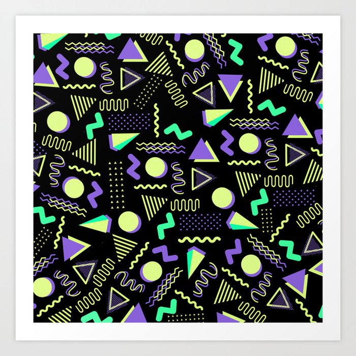Geometrical Retro Lime Green Neon Purple 80 S Abstract Pattern Art Print
