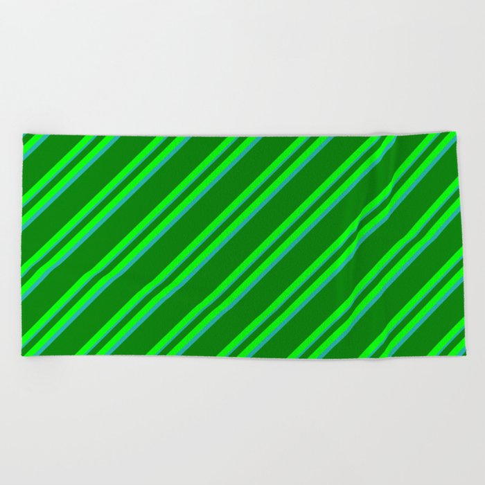 Green, Lime, and Light Sea Green Colored Lined Pattern Beach Towel
