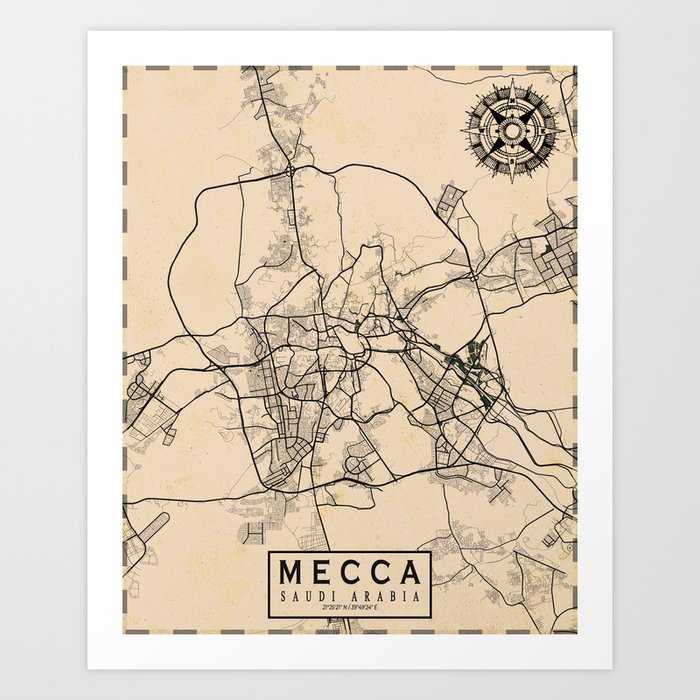 Mecca City Map of Saudi Arabia  - Vintage Art Print