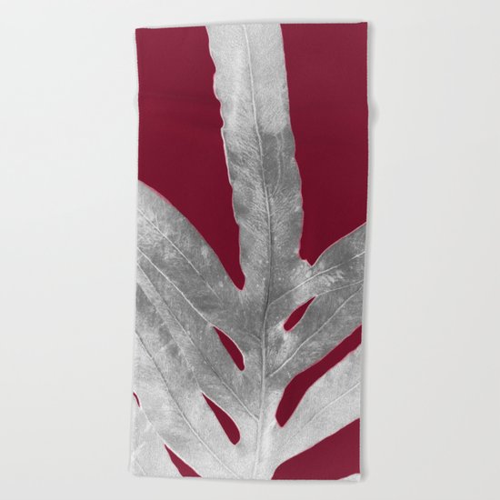 Green Fern on Burgundy Wine Beach Towel