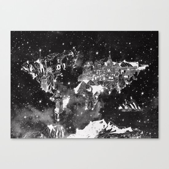 world map galaxy black and white Canvas Print