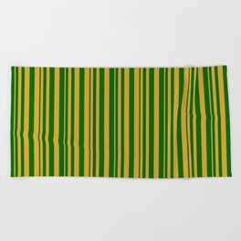[ Thumbnail: Goldenrod and Dark Green Colored Stripes Pattern Beach Towel ]