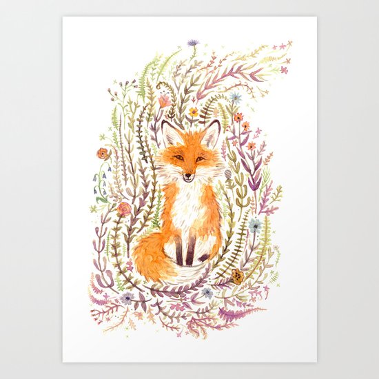 Fox and Flowers II Art Print