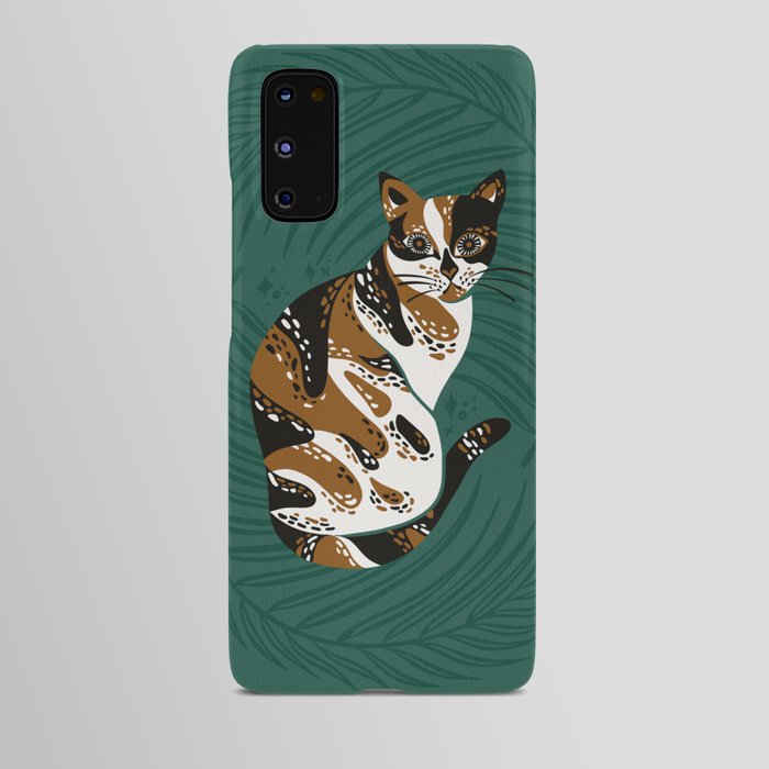 Calico Cat & Palm Fronds – Green Android Case