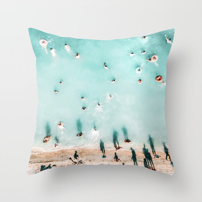 People On Beach, Aerial Beach Photography, Sea Beach, Ocean Wall Art Print, Summer Vibes Art Print Throw Pillow