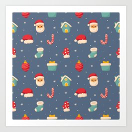 Christmas Seamless Pattern Isolated on Blue Background Art Print
