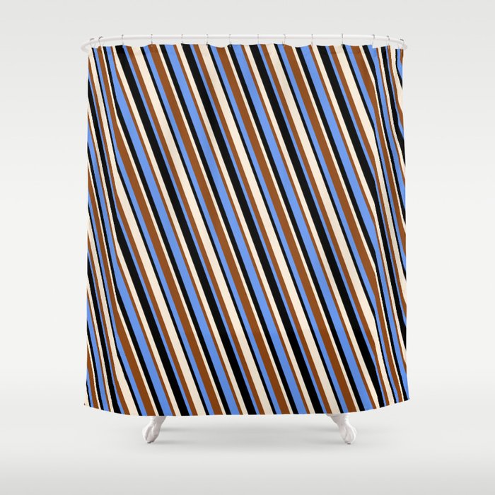 Brown, Cornflower Blue, Black, and Beige Colored Lines/Stripes Pattern Shower Curtain