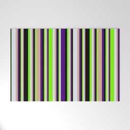 [ Thumbnail: Eyecatching Indigo, Tan, Lavender, Green & Black Colored Lines/Stripes Pattern Welcome Mat ]